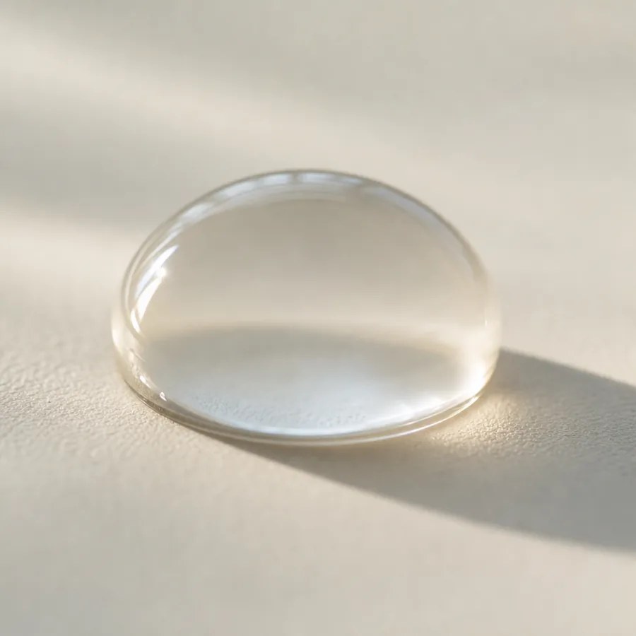 A single water droplet resting on a smooth pale surface.